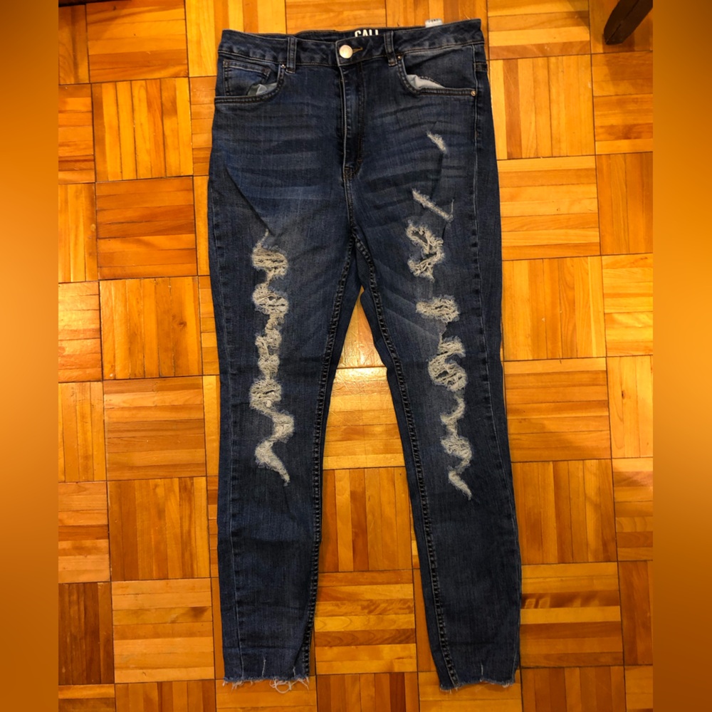Streetwear Society Blue Skinny Jeans with Zigzag Distressing